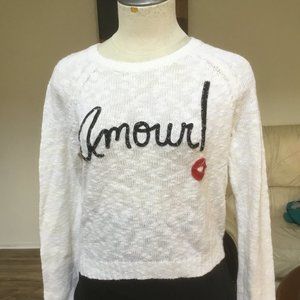 SO Jr Cropped Sweater Pullover Graphic AMOURL Faux Knit Long Sleeve  Beige M